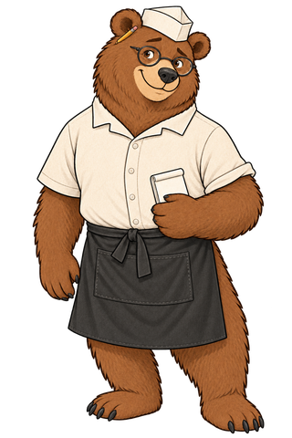 A friendly brown bear wearing a white butcher cap and charcoal apron