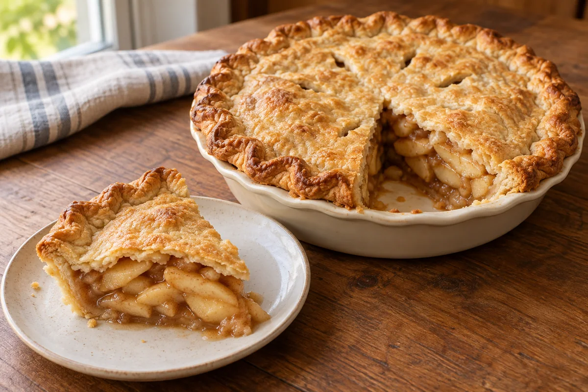 Golden apple pie with a vented pastry top and cinnamon apple filling