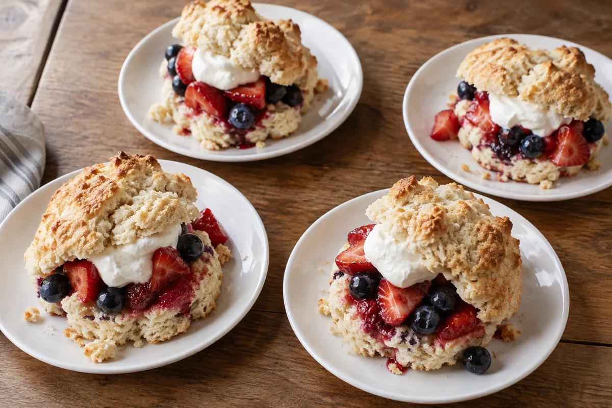 Four split drop biscuit shortcakes with strawberries, blueberries and cream