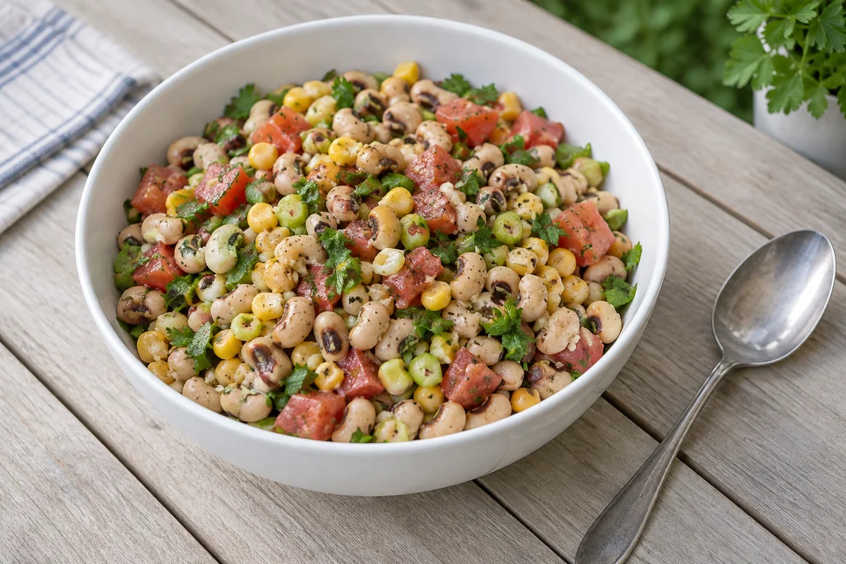 Black eyed pea salad with corn, tomato and scallion in a white bowl