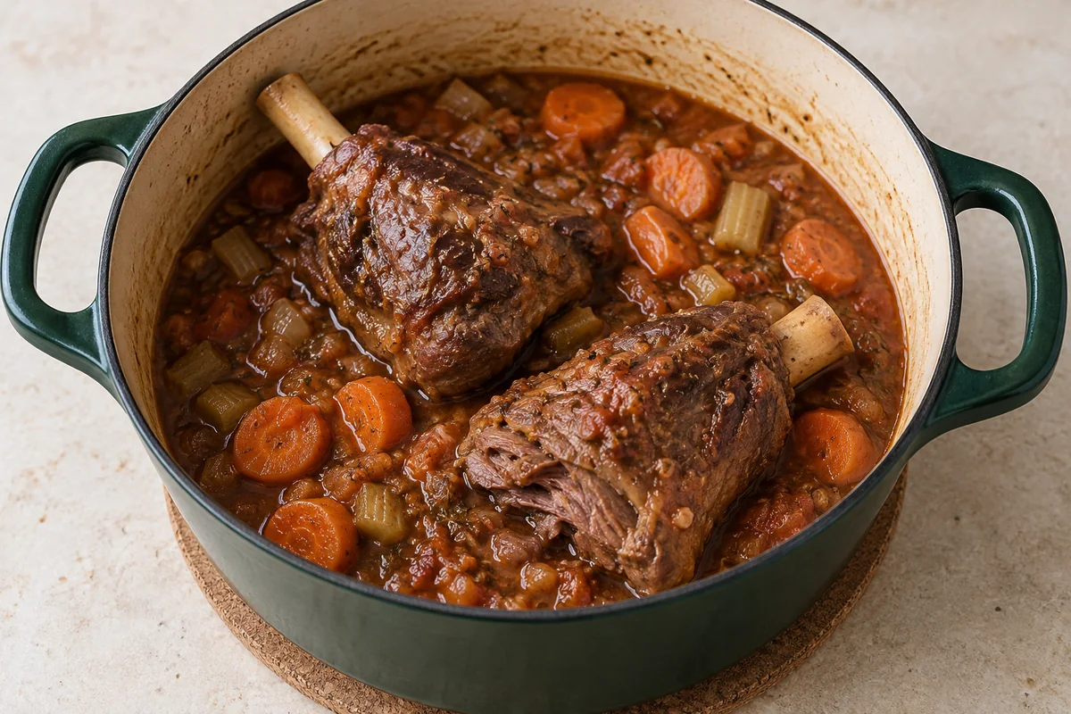 Two braised lamb shanks with carrots and tomato sauce in a green Dutch oven
