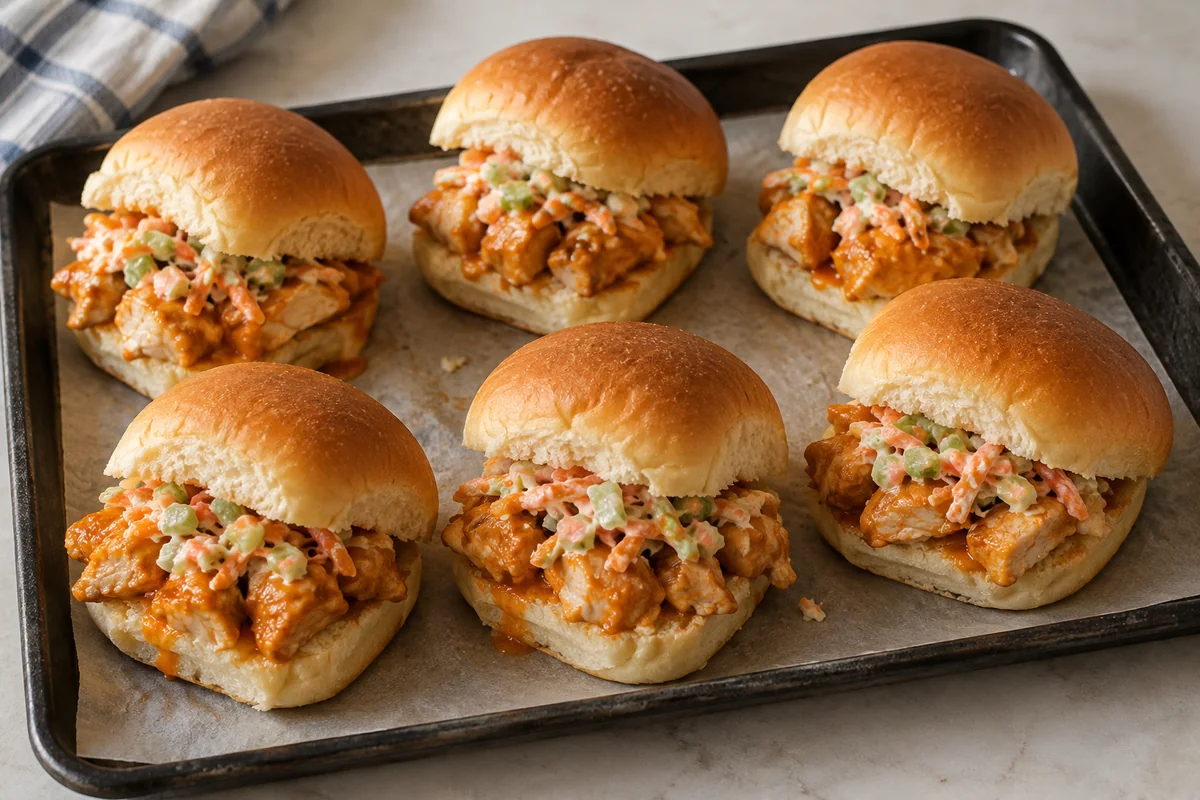 Six Buffalo chicken sliders with carrot and celery topping on a parchment lined tray