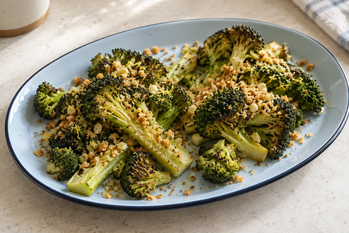 Charred broccoli slabs with golden lemon breadcrumbs on a blue enamel dish