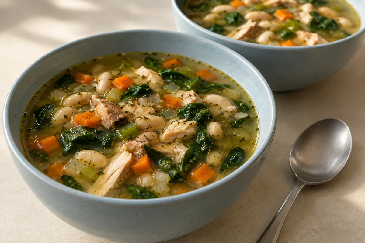 Two bowls of chicken and white bean soup with carrot, celery and spinach