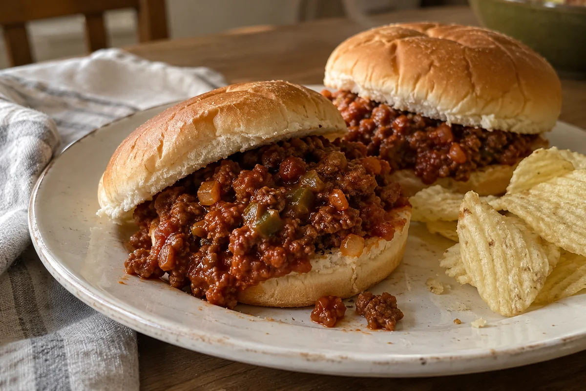 A tomato sauced sloppy joe on a toasted hamburger bun with small pieces of green pepper and onion