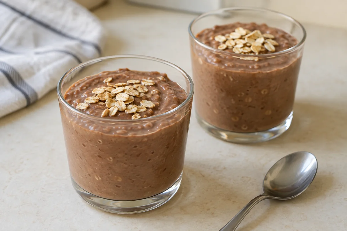 Two glass cups of cocoa banana yogurt topped with toasted oats