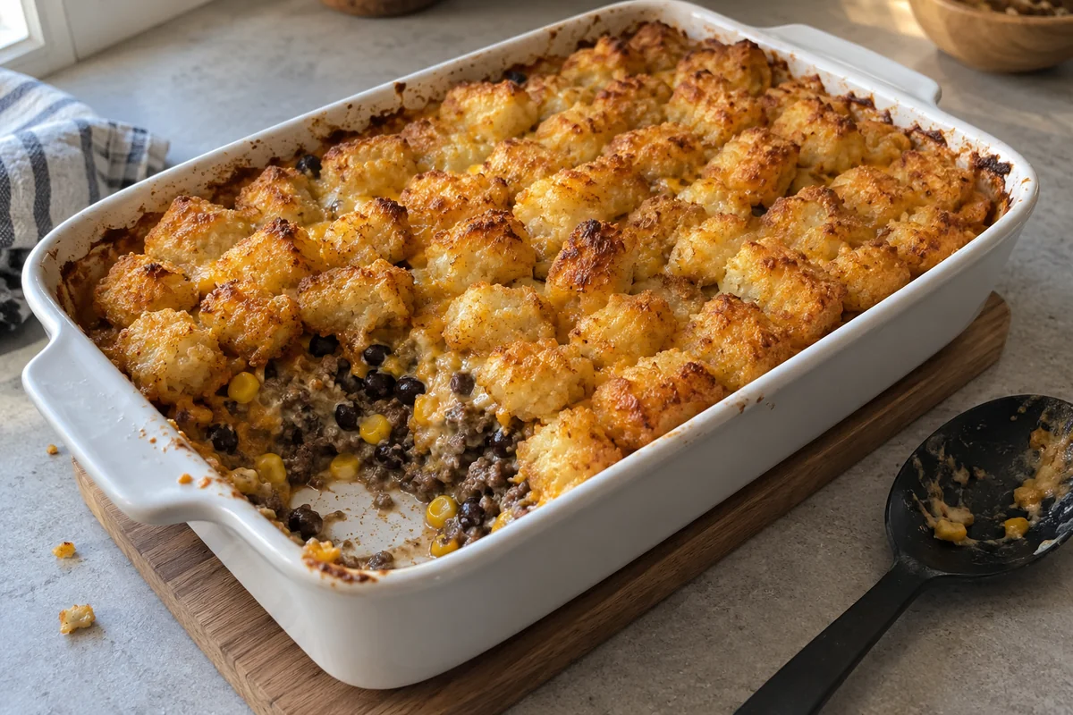 Golden potato tots over beef, black beans, corn and cheddar in a rectangular casserole dish with one portion served