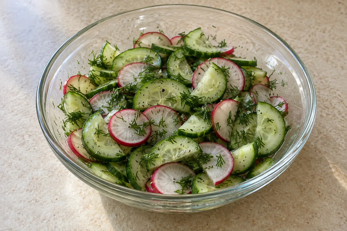 Cucumber half moons and radish slices with dill in a clear glass bowl
