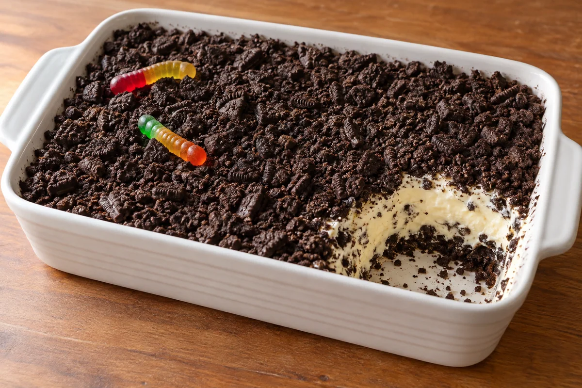 Dirt cake with chocolate cookie crumbs and creamy vanilla pudding