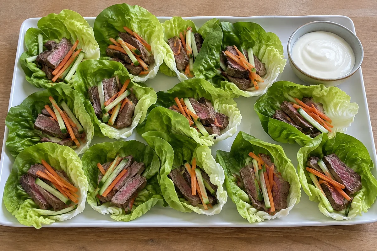 Lettuce cups filled with sliced flank steak, carrot and cucumber beside lime yogurt