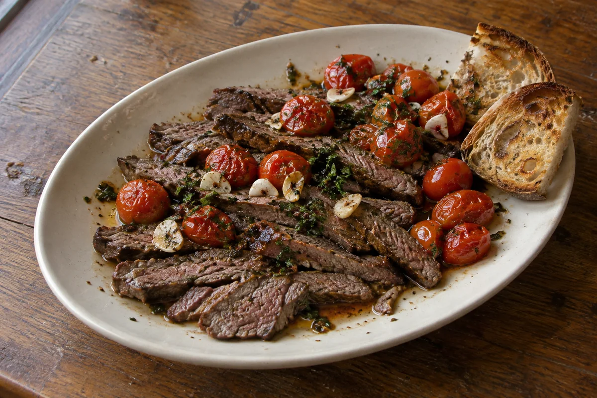 Sliced flat iron steak with blistered tomatoes, garlic and toast on a cream platter