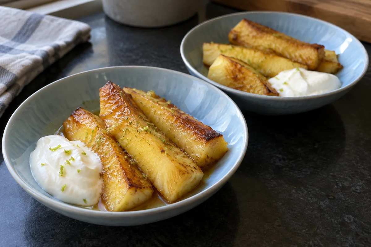Browned pineapple spears with lime zest and yogurt in two blue dishes