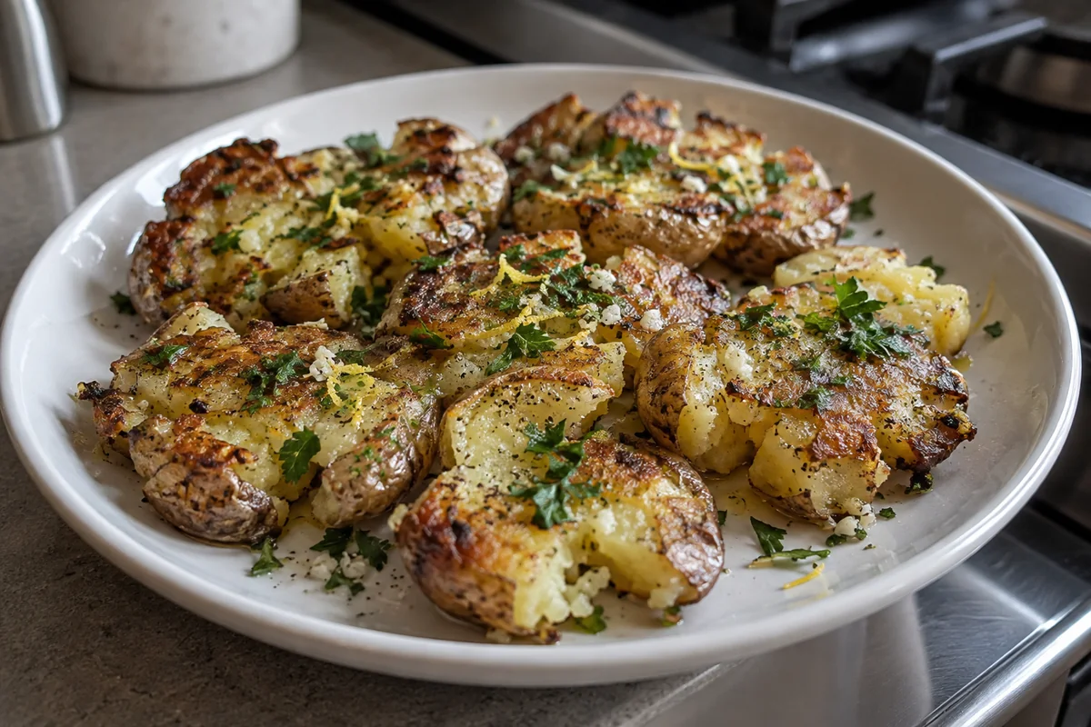 Golden smashed potatoes with parsley and lemon on a white serving dish