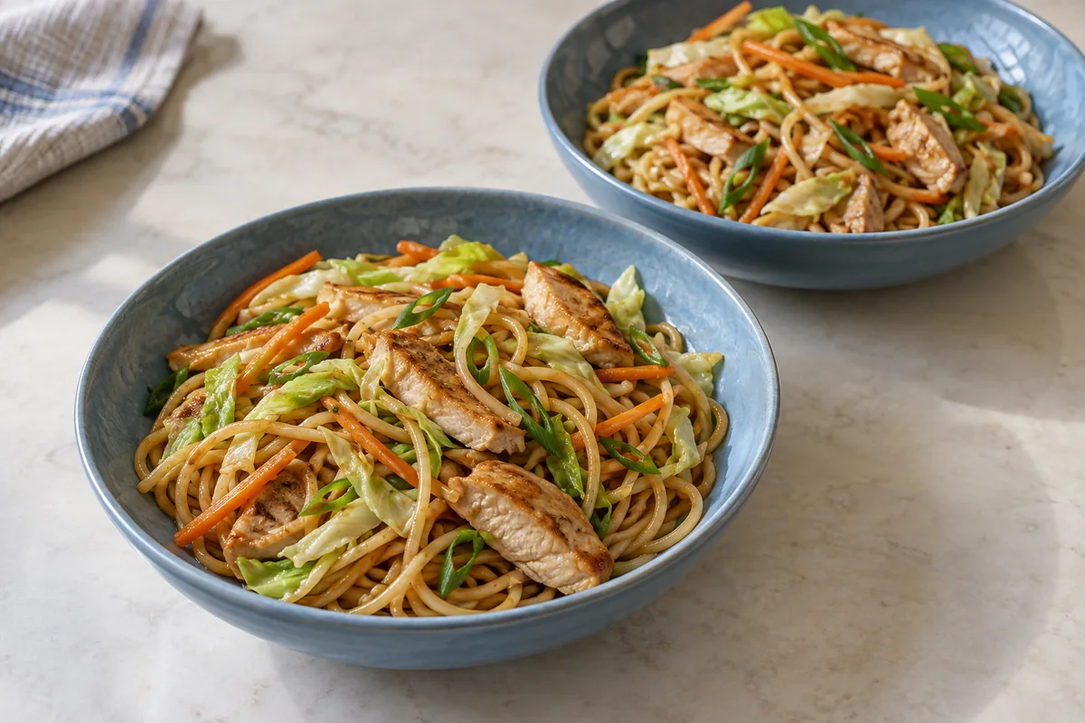 Two blue bowls of chicken and wheat noodles with cabbage, carrot and scallion