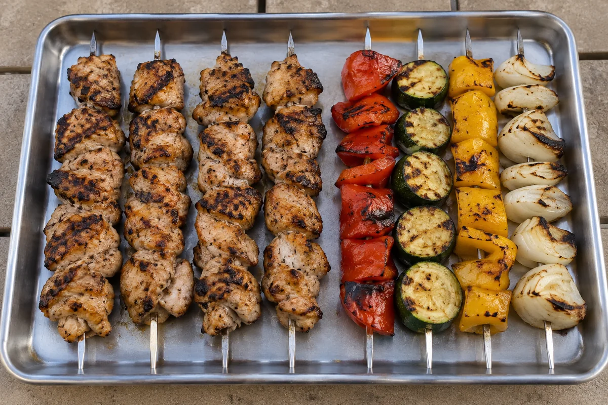 Chicken skewers beside separate pepper, zucchini and onion skewers on a metal tray