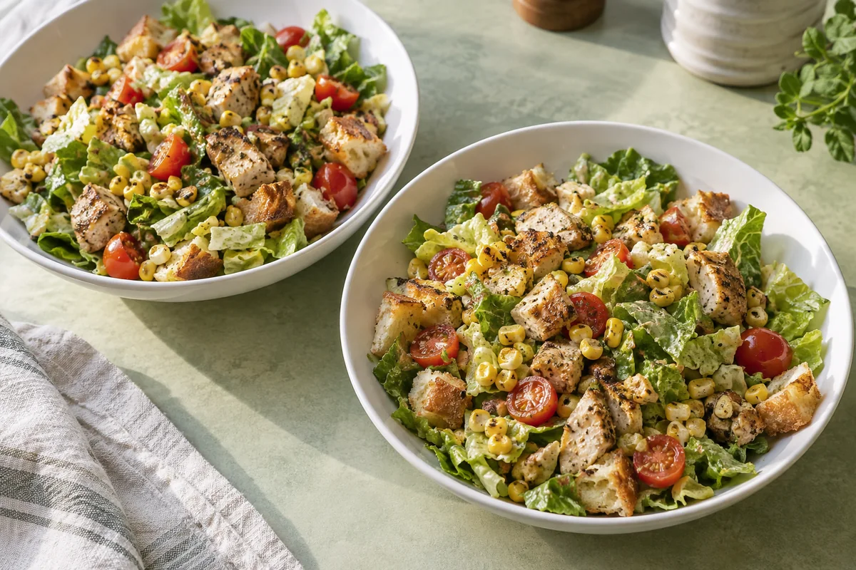 Two bowls of romaine salad with grilled chicken, corn, tomatoes and toast cubes