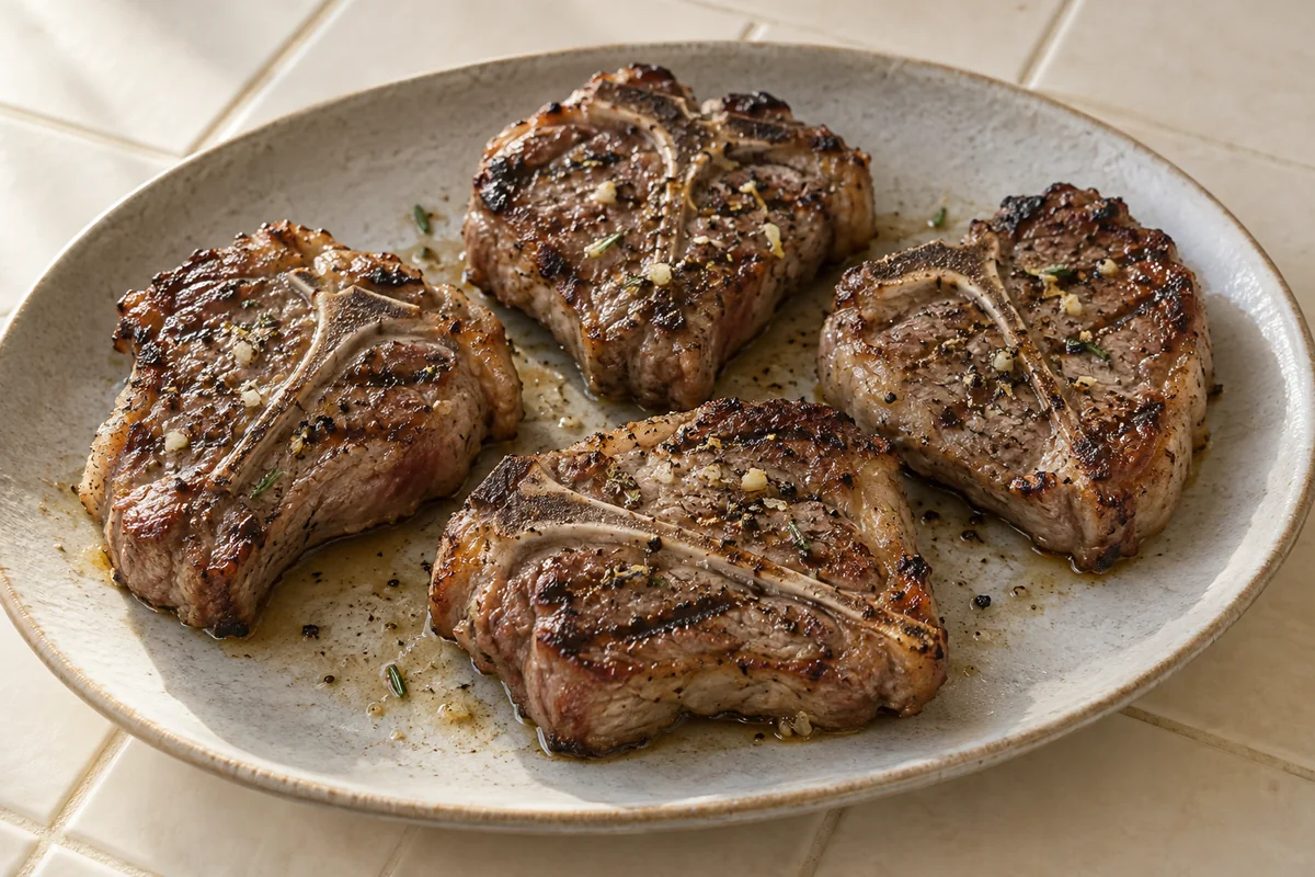 Four grilled lamb loin chops with rosemary and garlic on a stoneware plate