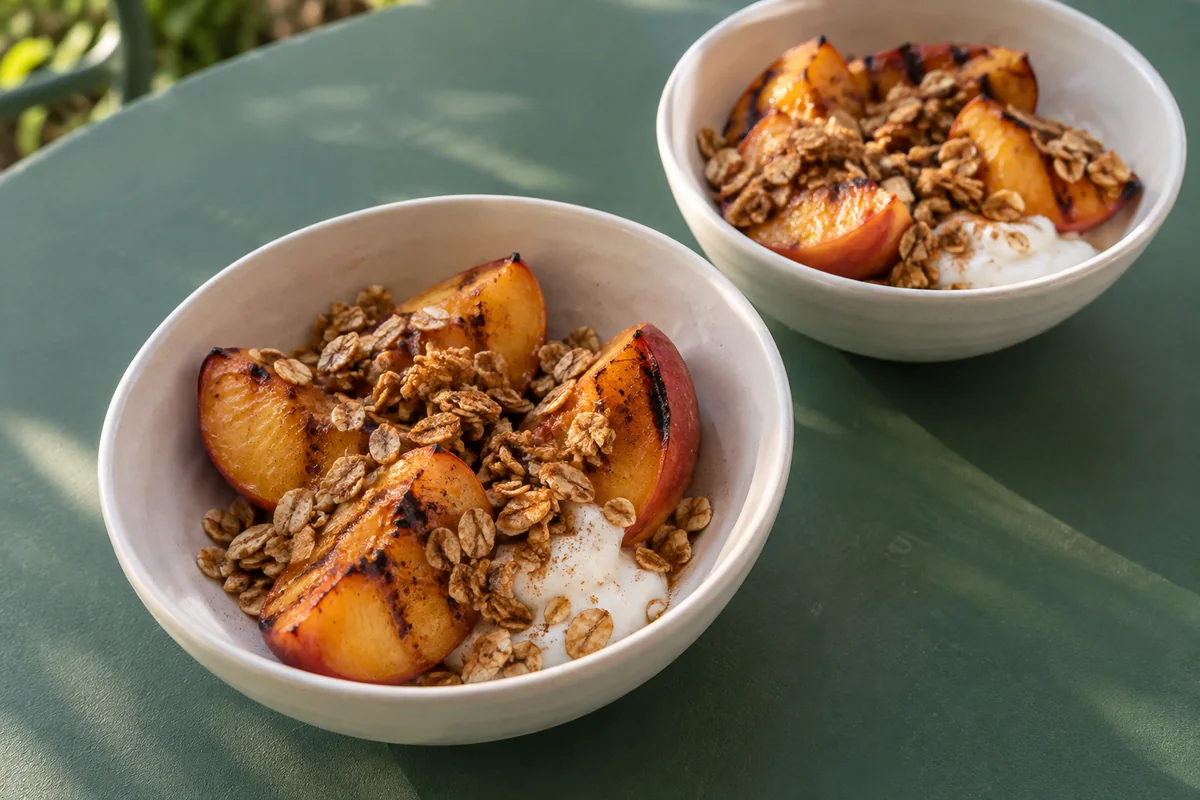 Two bowls of grilled peach quarters with toasted oats and yogurt