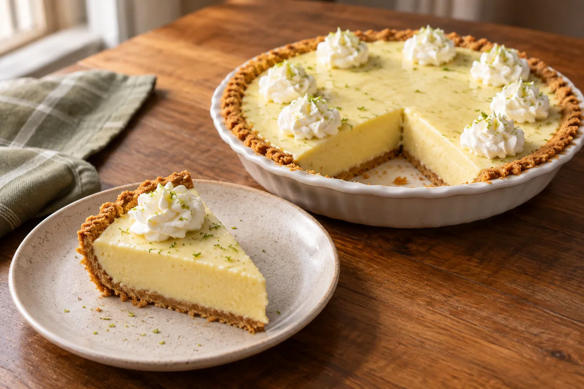 Pale yellow key lime pie in a graham cracker crumb crust