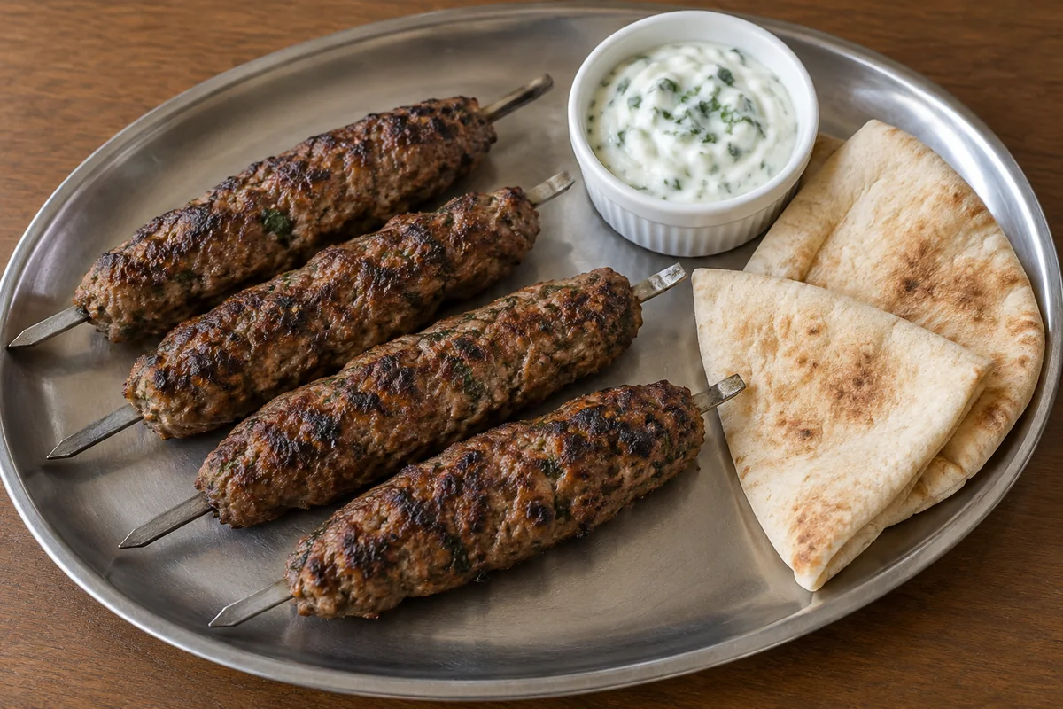Four grilled lamb kofta skewers with pita and mint yogurt on a metal platter