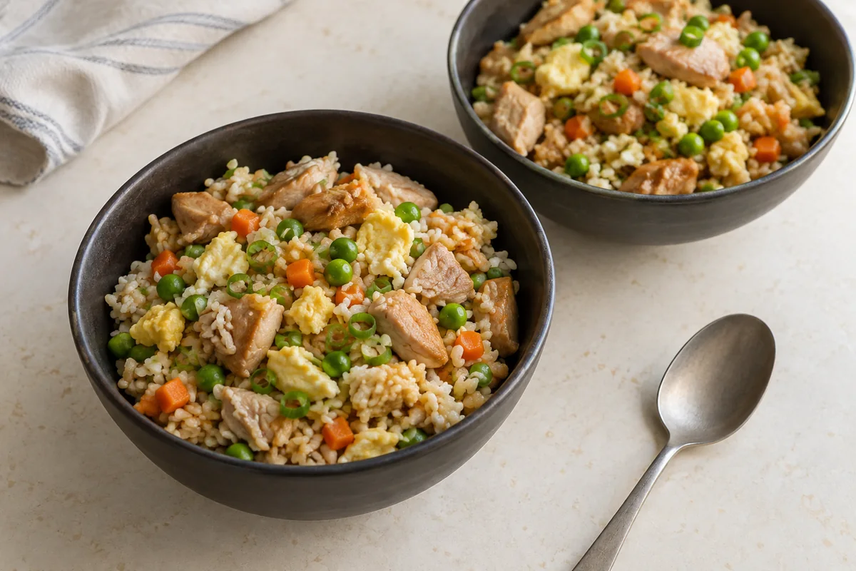 Two bowls of chicken fried rice with peas, carrot, egg and scallion