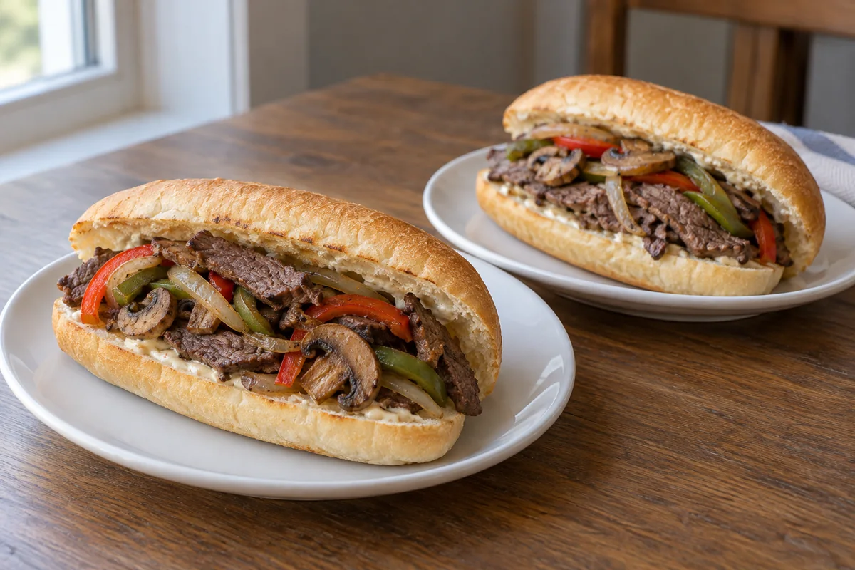 Two steak, mushroom and pepper sandwiches with mustard yogurt in rolls