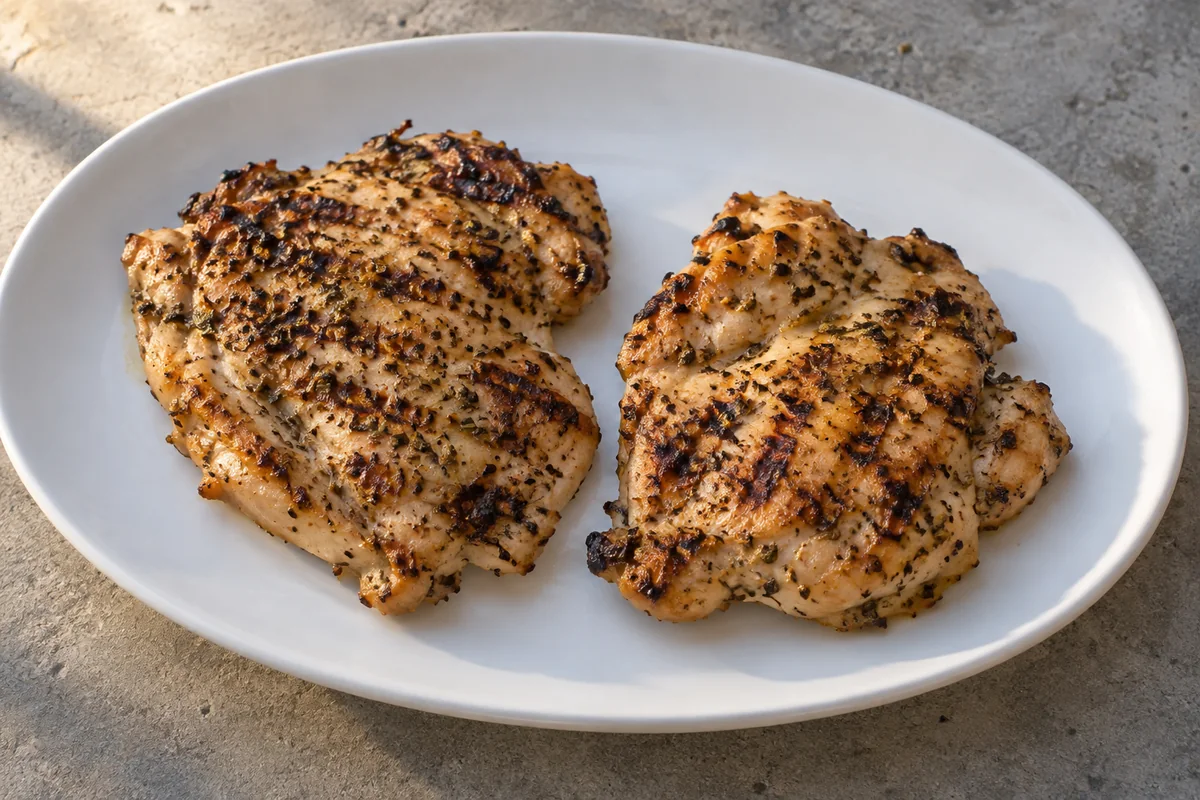 Grilled boneless chicken thighs with oregano on a white oval plate
