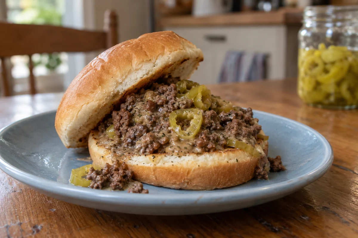 A toasted bun filled with crumbled beef and sliced pepperoncini in a light savory gravy