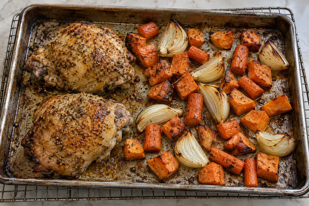 Two browned mustard chicken thighs with roasted sweet potato, carrots and onion on a sheet pan