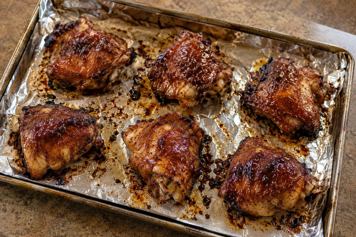 Six oven roasted chicken thighs with an uneven sticky barbecue glaze on a foil lined rimmed baking sheet