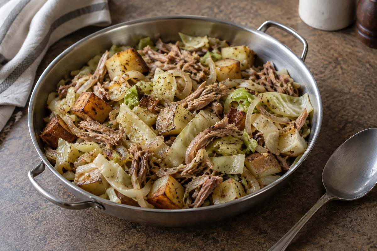 Pulled pork, potato and cabbage hash in a shallow metal serving dish