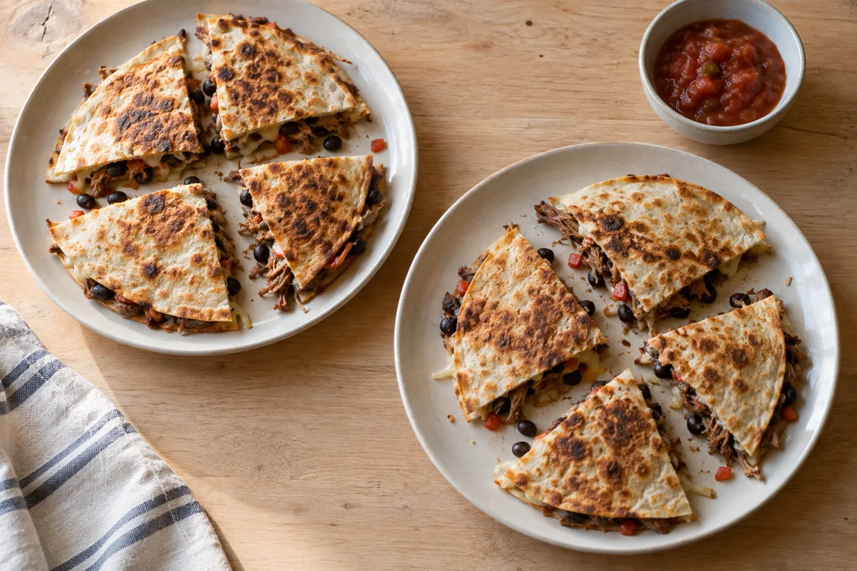 Two plates of pork and black bean quesadilla wedges beside salsa