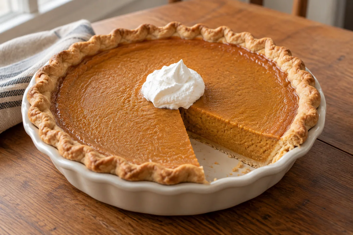 Pumpkin pie with orange spiced filling and a golden pastry rim