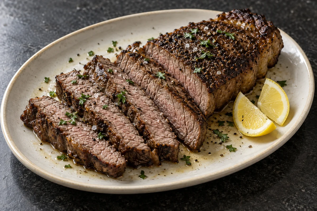 Sliced seared strip steak with parsley and two lemon wedges on a cream platter