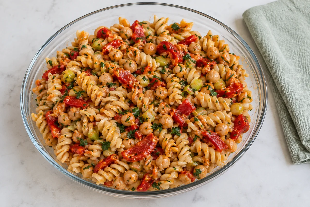 Fusilli and chickpea salad with roasted red pepper and celery in a glass dish