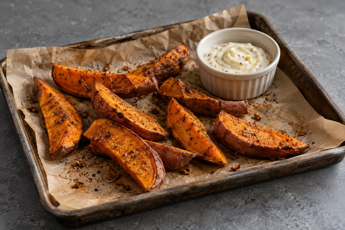 Roasted sweet potato wedges beside mustard yogurt on a lined metal tray
