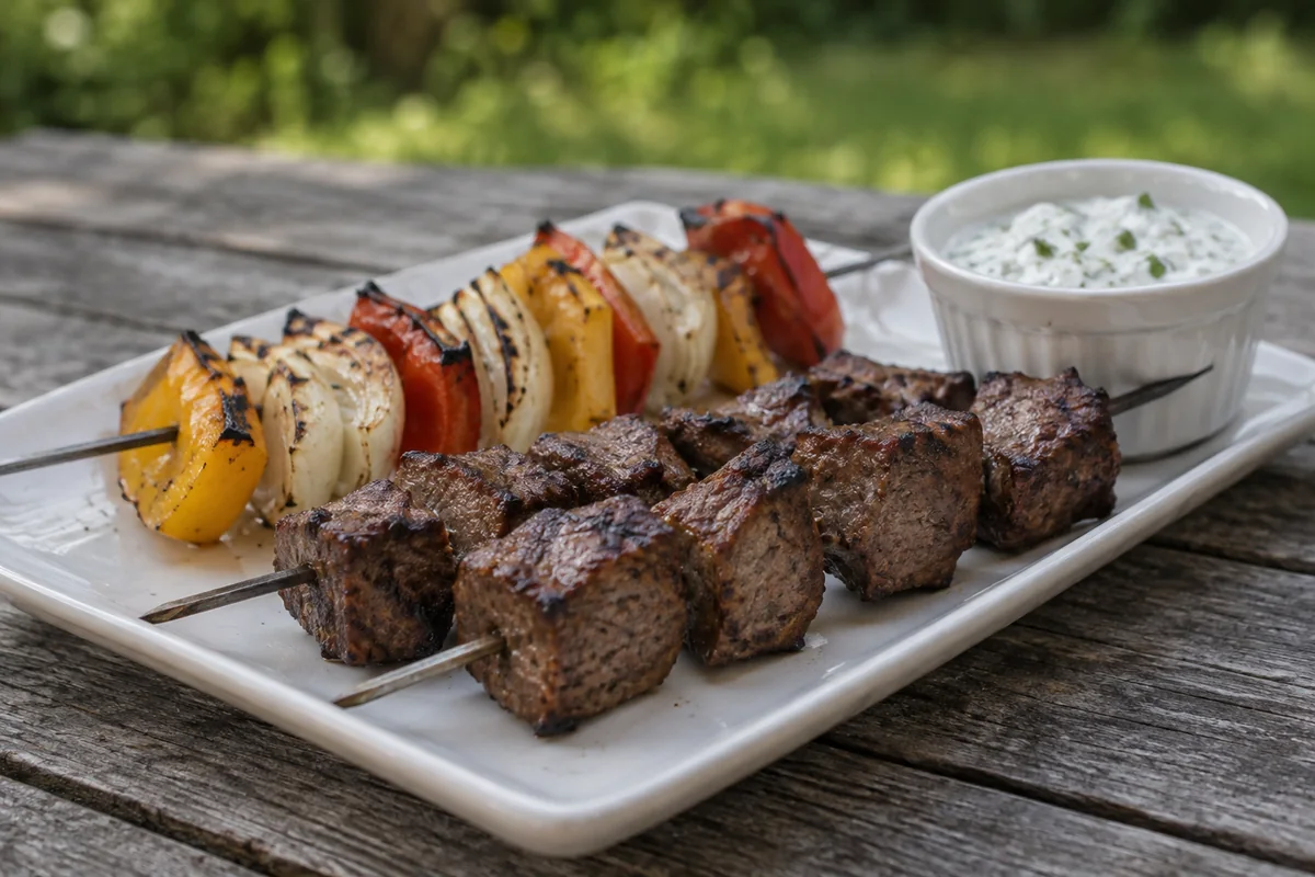 Separate beef and vegetable skewers with parsley yogurt on a rectangular plate