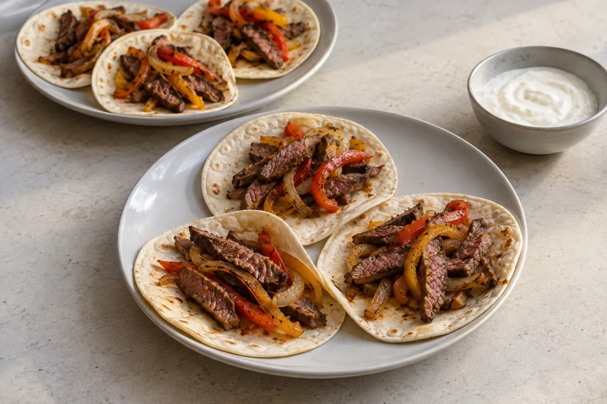 Six steak fajitas with bell pepper and onion on two plates beside a bowl of yogurt