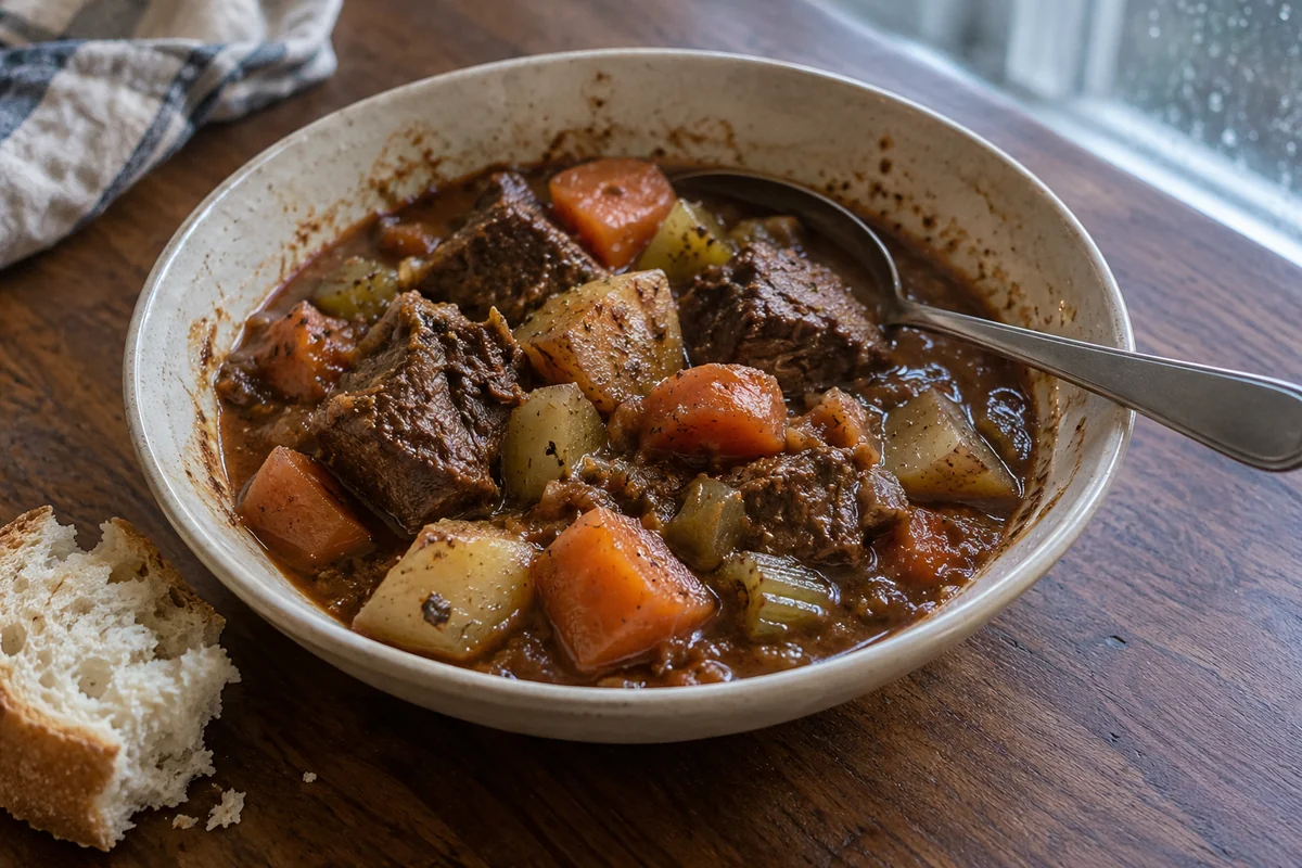 Beef stew with tender chuck, potatoes, carrots and celery in brown gravy