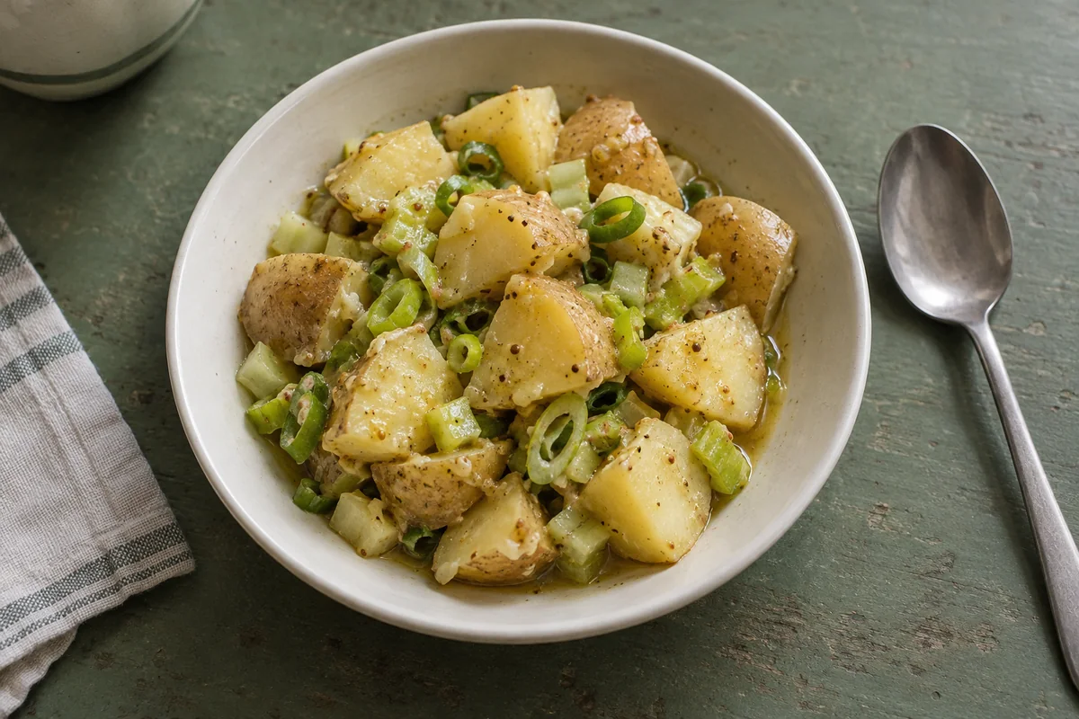 Mustard dressed potatoes with celery and scallion in a shallow bowl