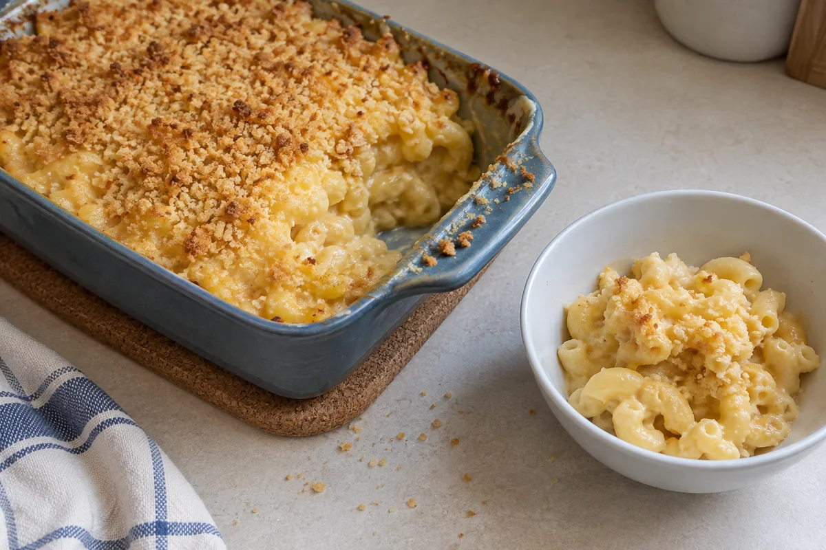 Breadcrumb topped macaroni in a blue baking dish with a small serving bowl