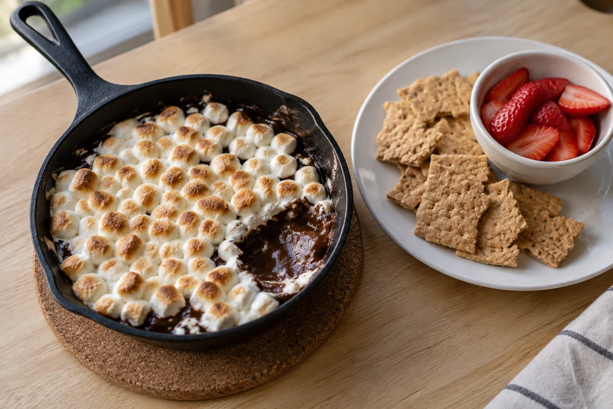 Toasted mini marshmallow and chocolate dip with graham crackers and sliced strawberries