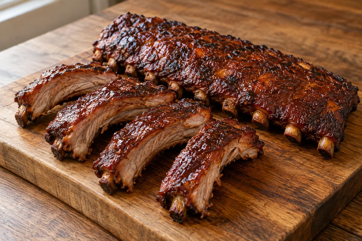 Glazed smoked baby back ribs with sliced portions on a board