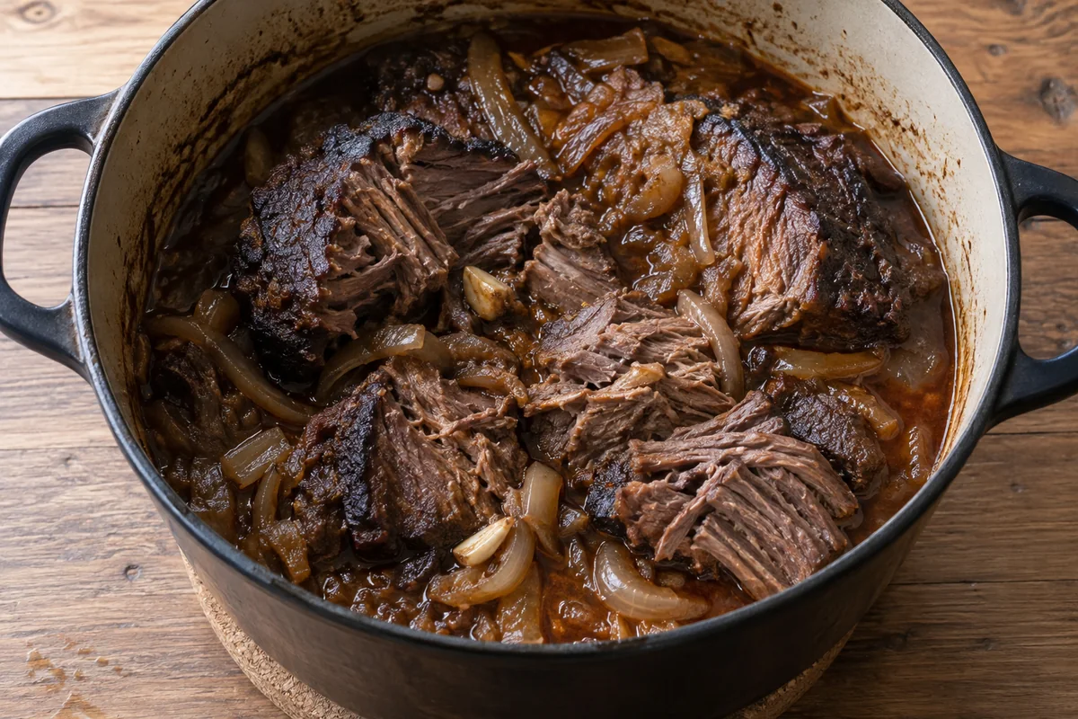 Braised chuck roast pieces with softened onion and cooking juices in an enamel pot