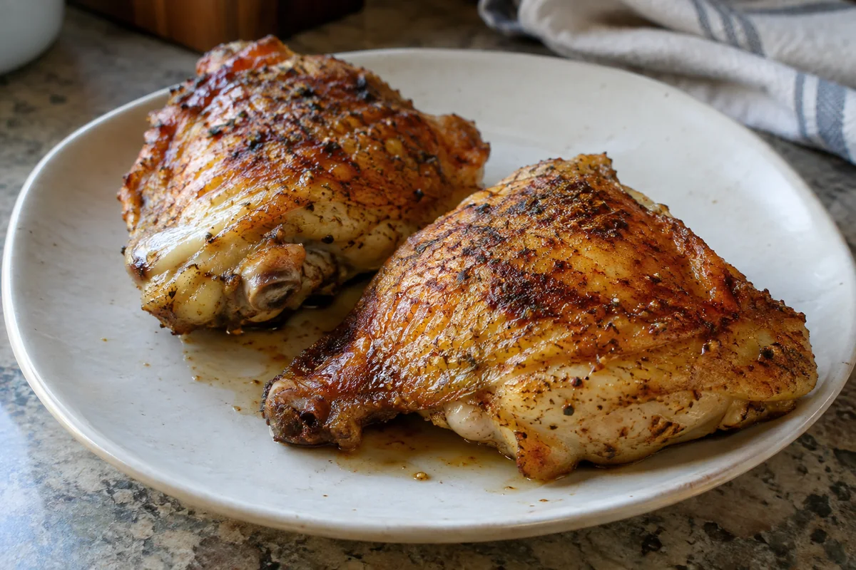 Two browned chicken thighs with skin and bone on an off white plate