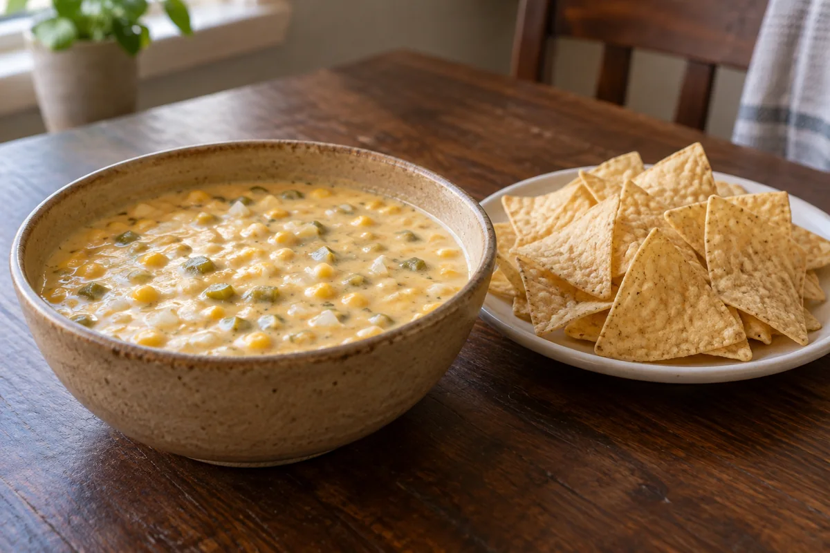 Corn and green chile queso in a tan bowl beside tortilla chips