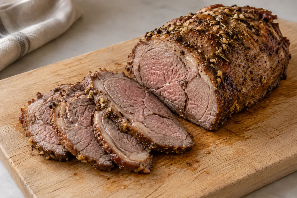 Sliced boneless smoked leg of lamb with a rosemary crust on a wooden board