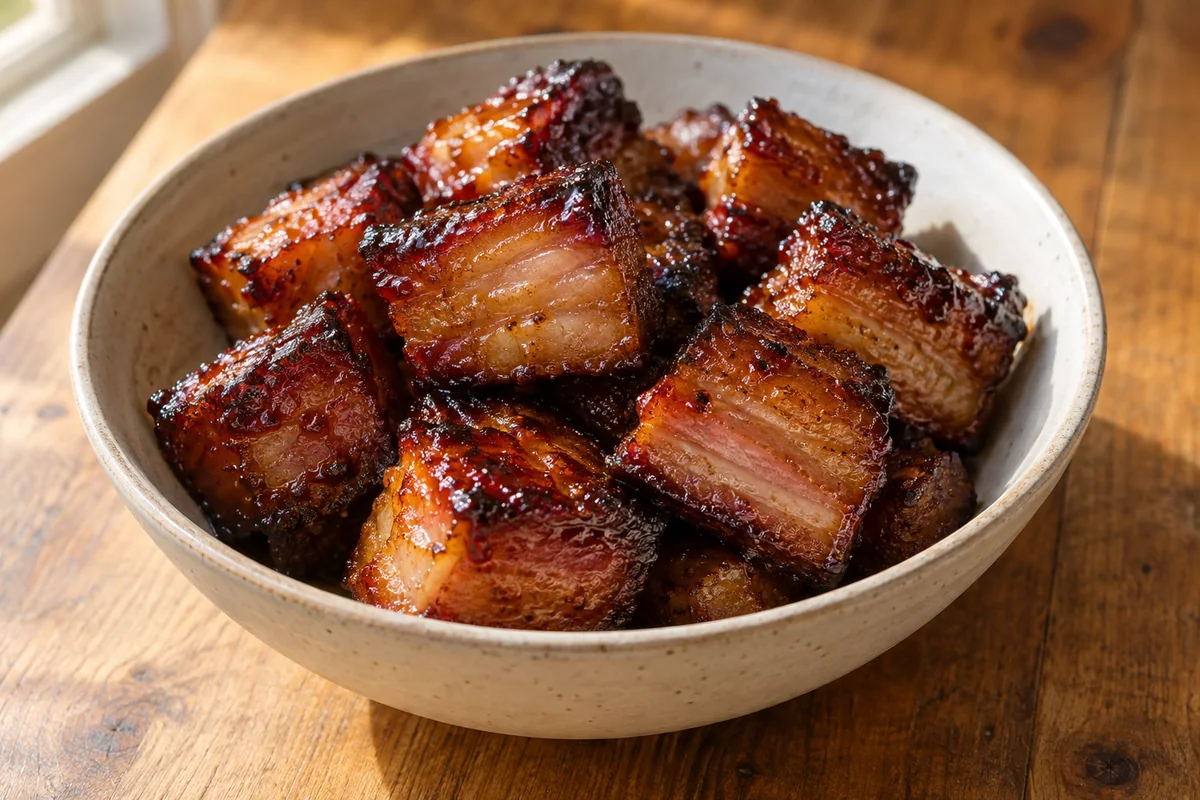 Sticky glazed smoked pork belly cubes showing browned edges and rendered fat layers