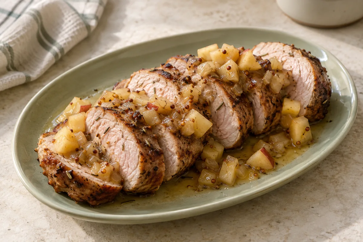 Sliced pork tenderloin with diced apple mustard sauce on a green platter