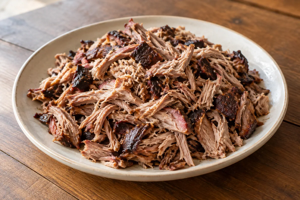Shredded smoked pork shoulder with browned bark pieces on a platter